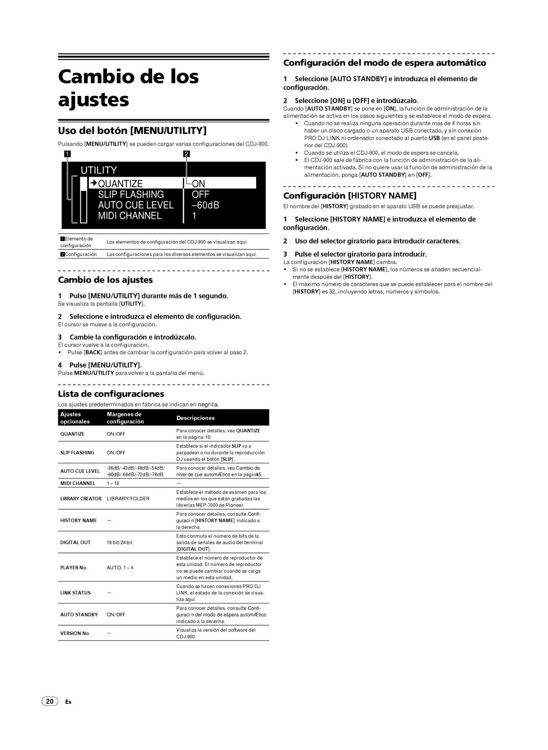 Pioneer CDJ-900, Multi Player operating instructions Cambio de los ajustes, Uso del botón MENU/UTILITY 