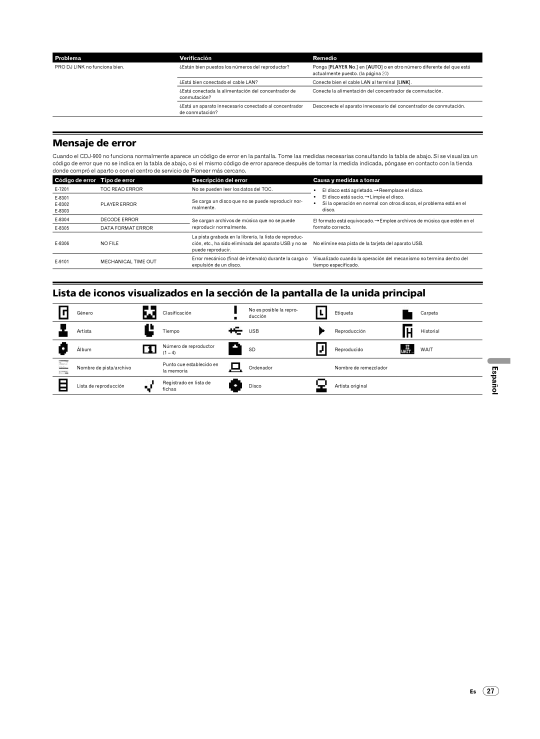 Pioneer Multi Player, CDJ-900 operating instructions Mensaje de error 