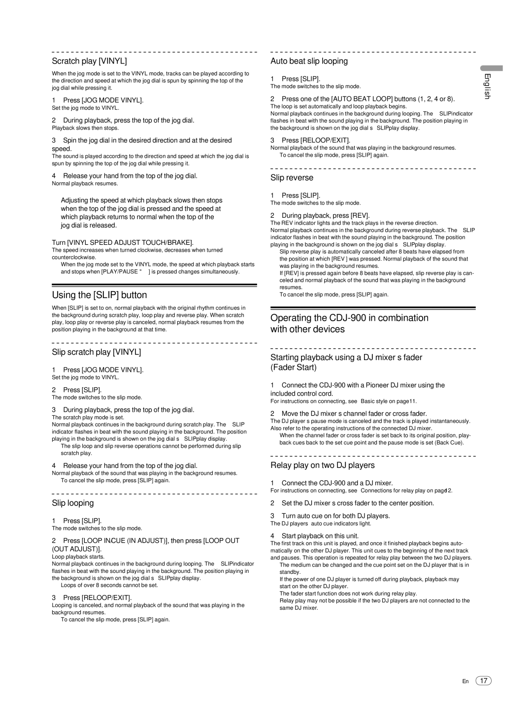 Pioneer Multi Player operating instructions Using the Slip button, Operating the CDJ-900 in combination with other devices 