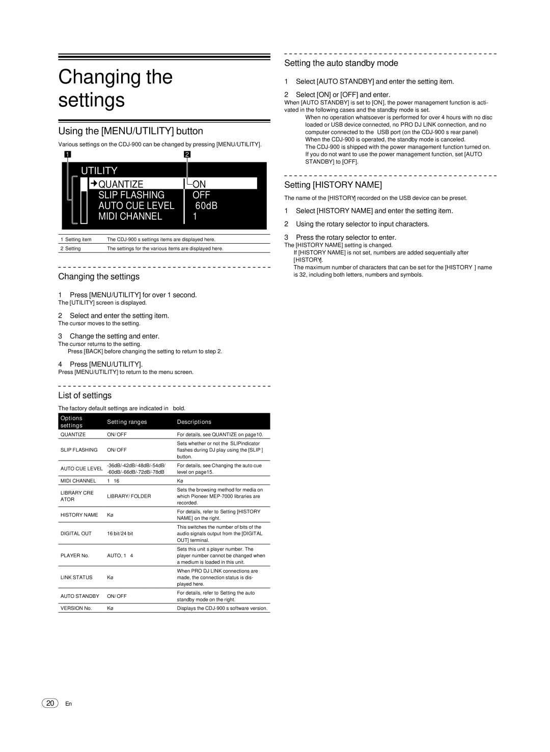 Pioneer CDJ-900, Multi Player operating instructions Changing the settings, Using the MENU/UTILITY button 