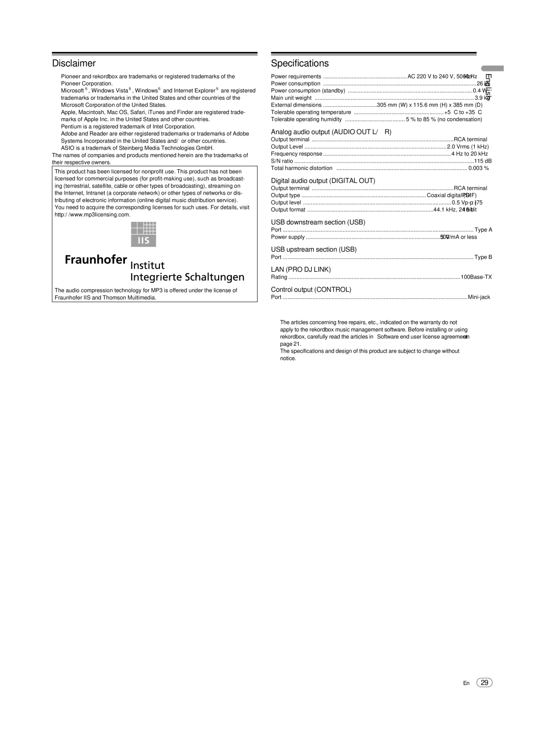 Pioneer Multi Player, CDJ-900 operating instructions Disclaimer, Specifications 