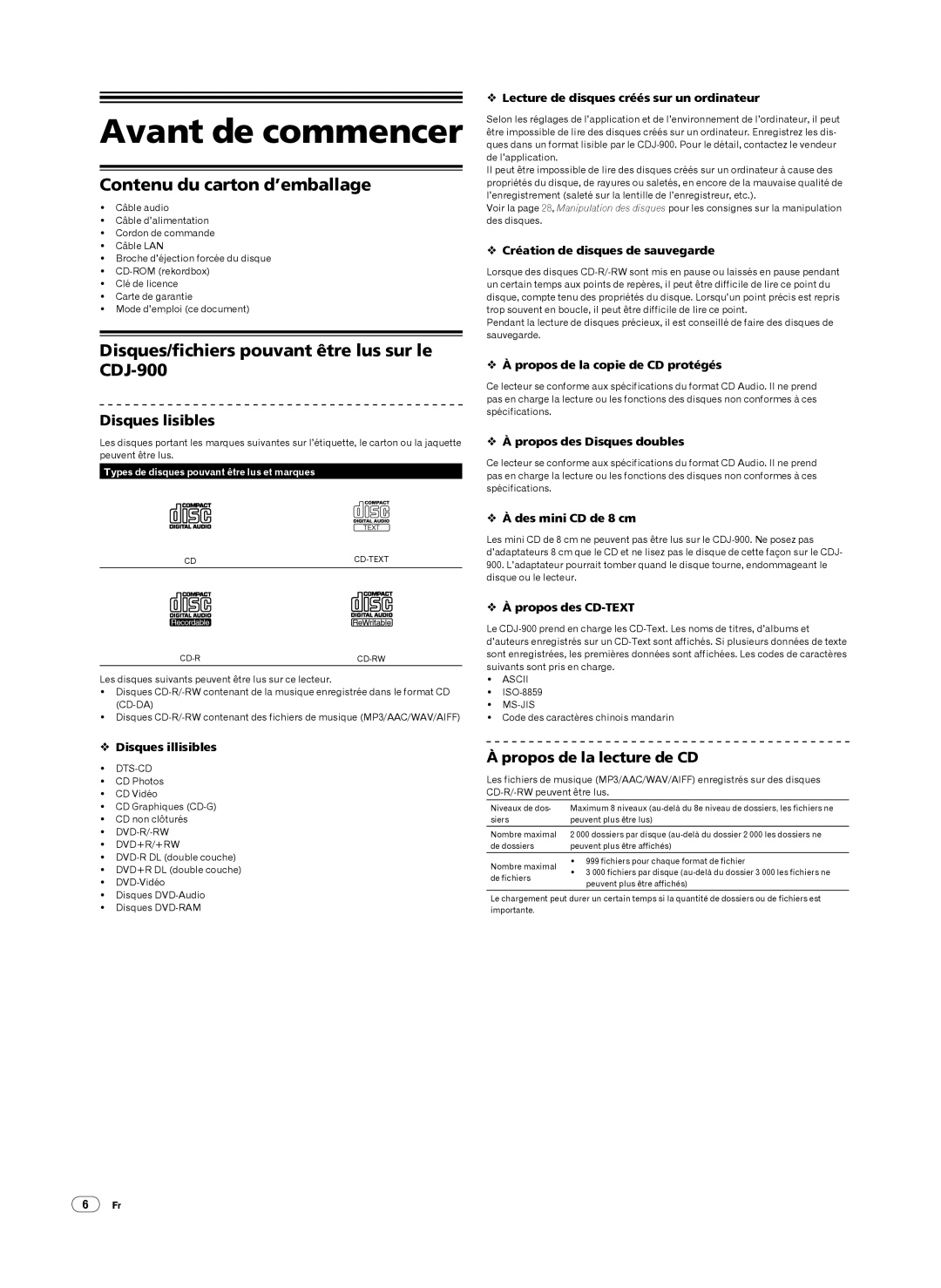Pioneer Avant de commencer, Contenu du carton d’emballage, Disques/fichiers pouvant être lus sur le CDJ-900 