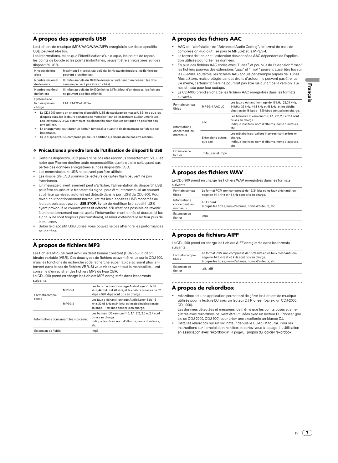 Pioneer Multi Player Propos des appareils USB, Propos de fichiers MP3, Propos des fichiers AAC, Propos des fichiers WAV 