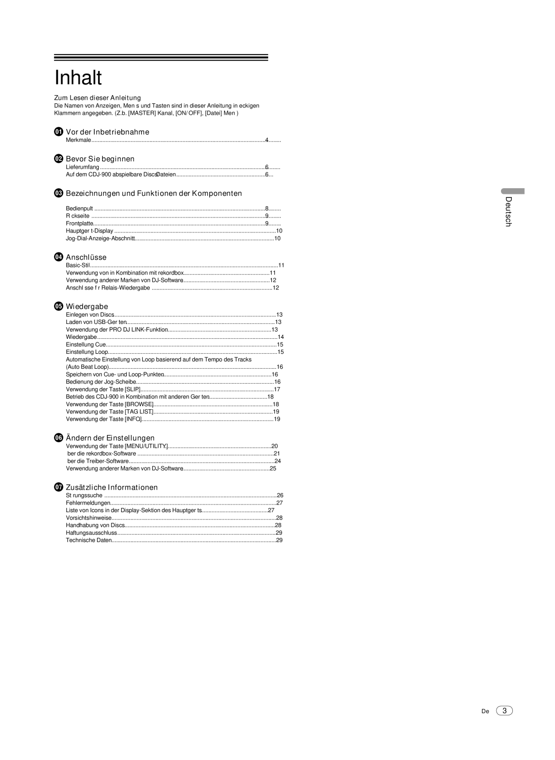 Pioneer Multi Player, CDJ-900 operating instructions Inhalt, Zum Lesen dieser Anleitung 