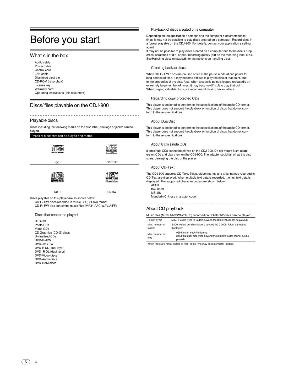Pioneer Before you start, What’s in the box, Discs/files playable on the CDJ-900, Playable discs, About CD playback 
