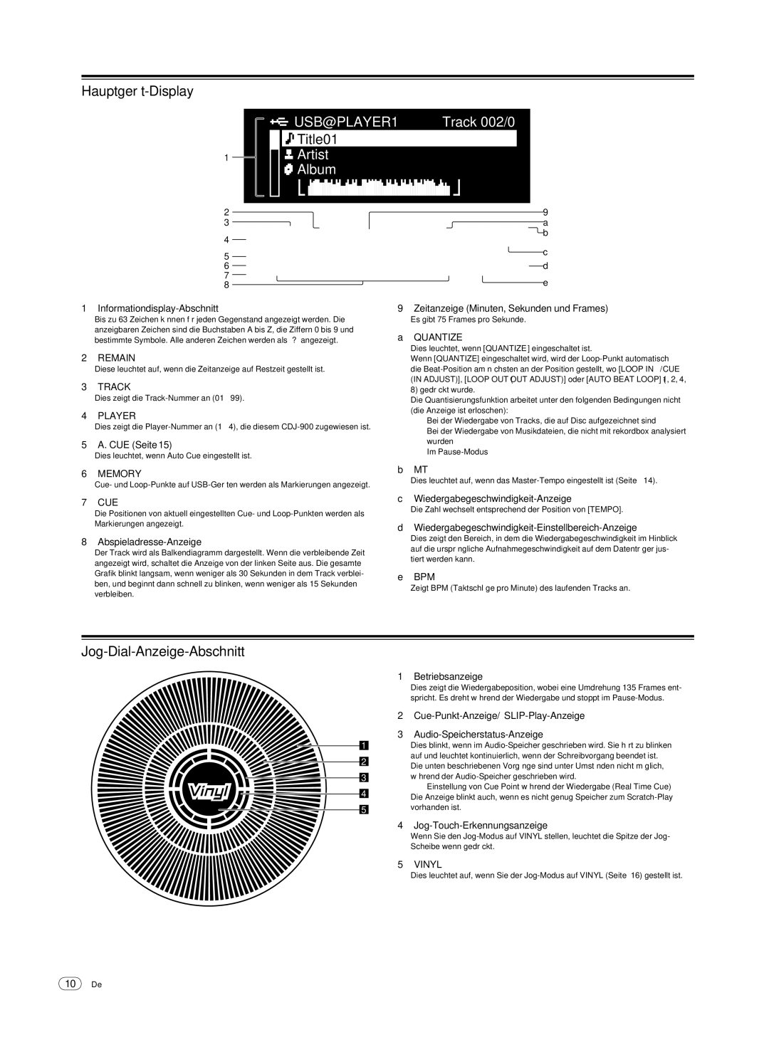 Pioneer CDJ-900, Multi Player operating instructions Hauptgerät-Display, Jog-Dial-Anzeige-Abschnitt 