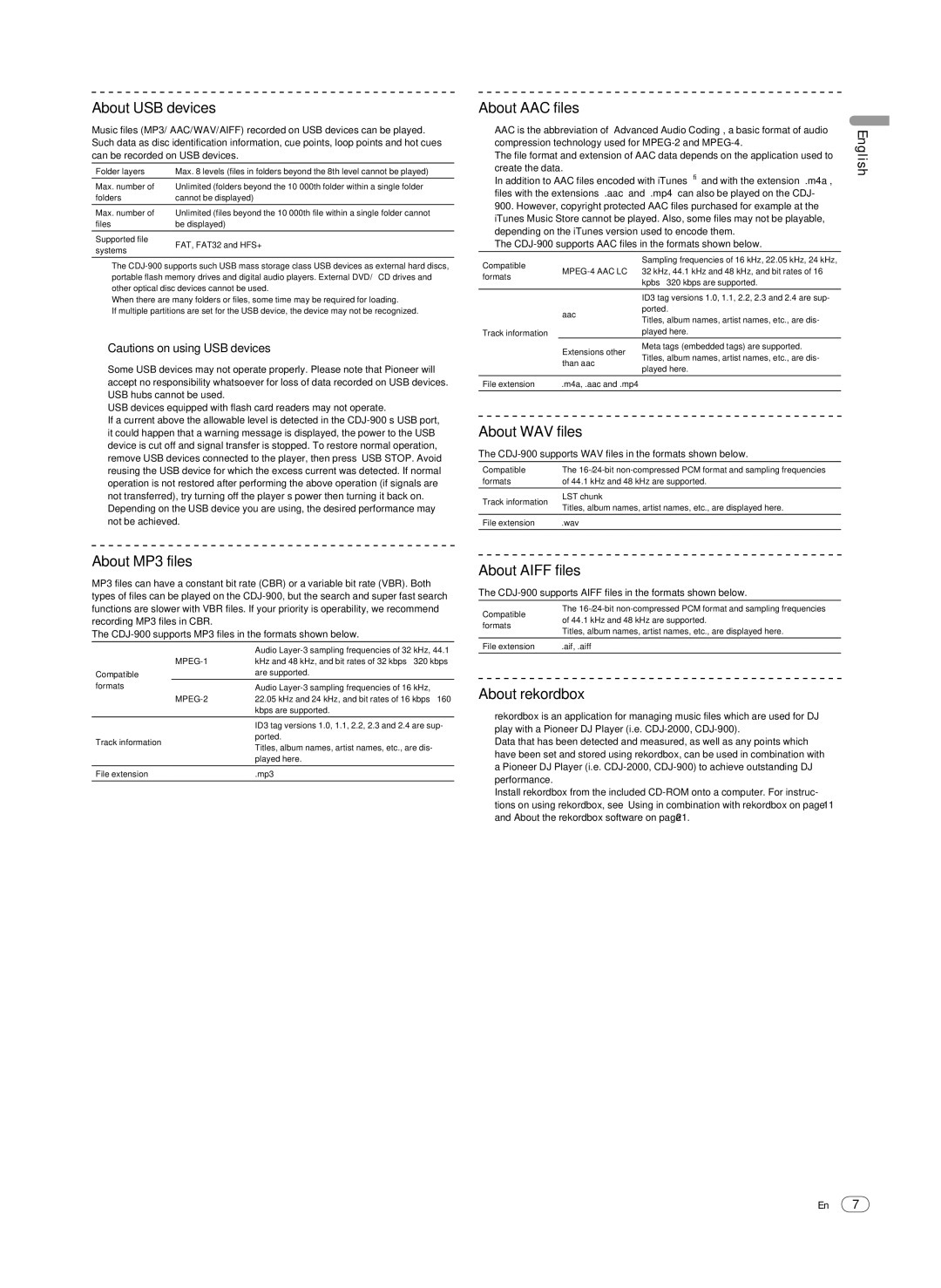 Pioneer Multi Player, CDJ-900 About USB devices, About AAC files, About WAV files, About MP3 files, About Aiff files 