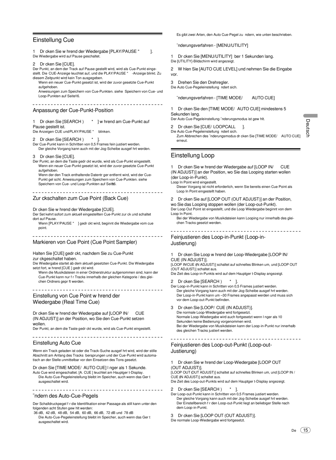 Pioneer Multi Player, CDJ-900 operating instructions Einstellung Cue, Einstellung Loop 