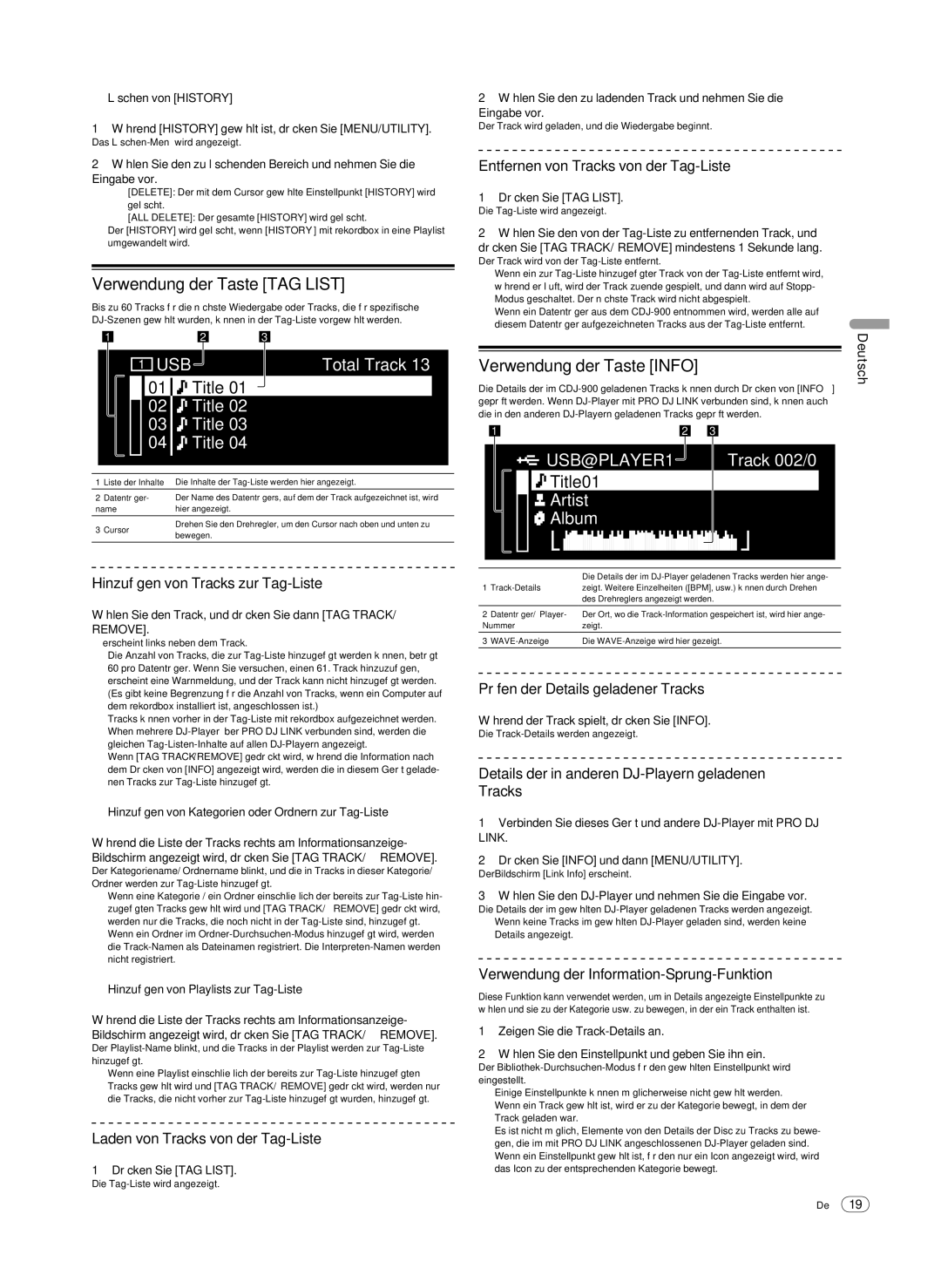 Pioneer Multi Player, CDJ-900 operating instructions Verwendung der Taste TAG List, Verwendung der Taste Info 