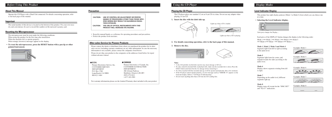 Pioneer CDS-P4000 specifications Before Using This Product, Using the CD Player, Display Modes 