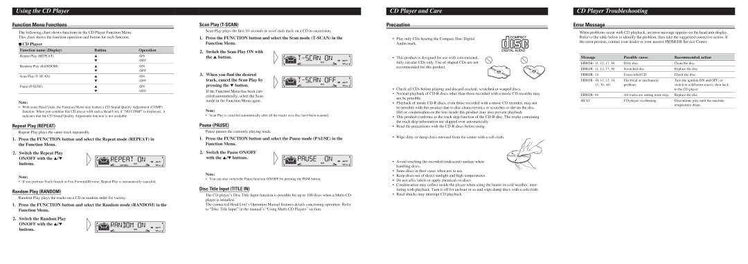 Pioneer CDS-P4000 specifications CD Player and Care, CD Player Troubleshooting, Function Menu Functions, Error Message 