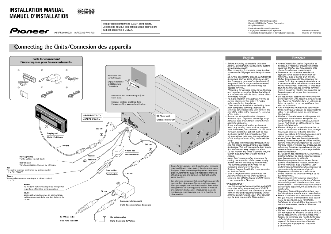 Pioneer CDX-FM1277 installation manual Connecting the Units/Connexion des appareils, EnglishFrançais 