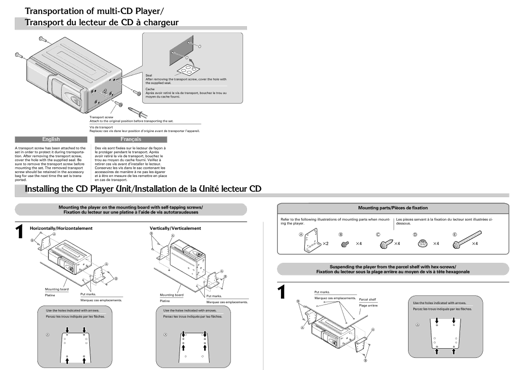 Pioneer CDX-FM1277 installation manual Mounting parts/Pièces de fixation 