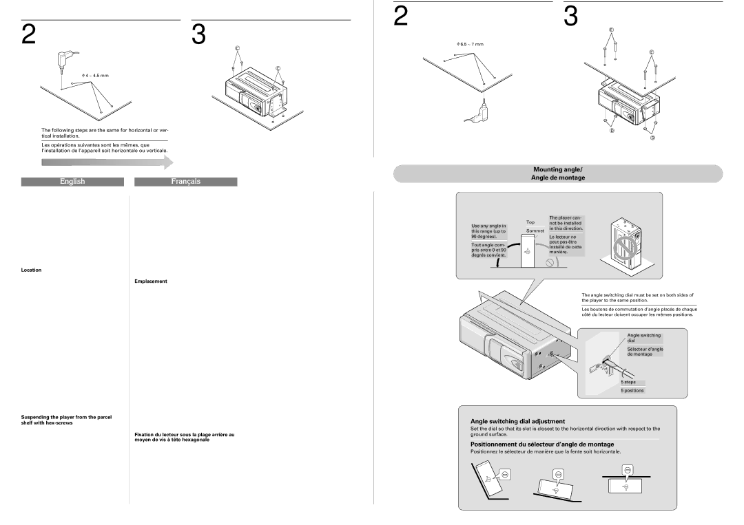 Pioneer CDX-FM1277 installation manual Mounting angle Angle de montage, Angle switching dial adjustment 