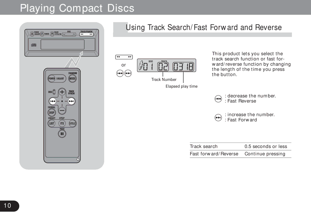 Pioneer CDX-FM1279 operation manual Playing Compact Discs, Using Track Search/Fast Forward and Reverse 