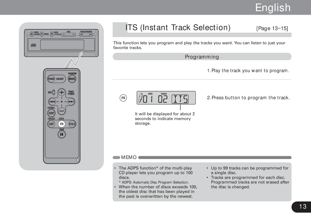 Pioneer CDX-FM1279 operation manual ITS Instant Track Selection, 13~15, Programming, Press button to program the track 