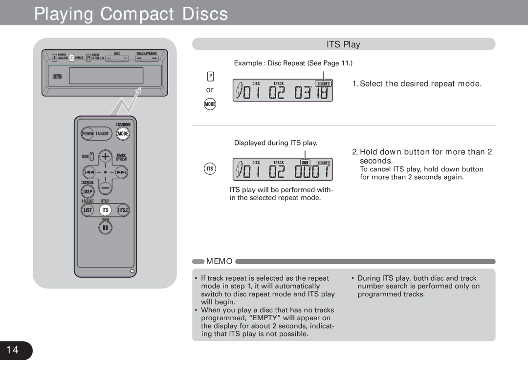 Pioneer CDX-FM1279 operation manual ITS Play, Hold down button for more than 2 seconds 