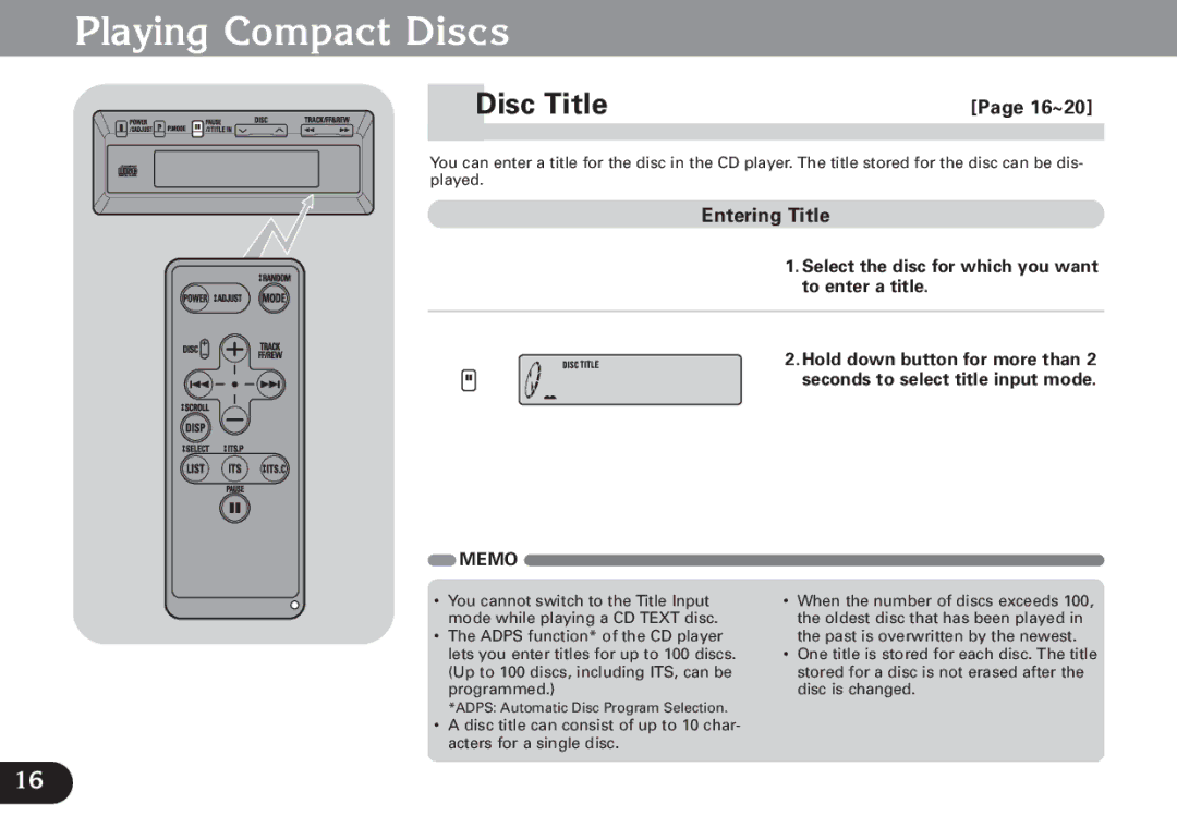 Pioneer CDX-FM1279 operation manual Disc Title, 16~20, Entering Title 