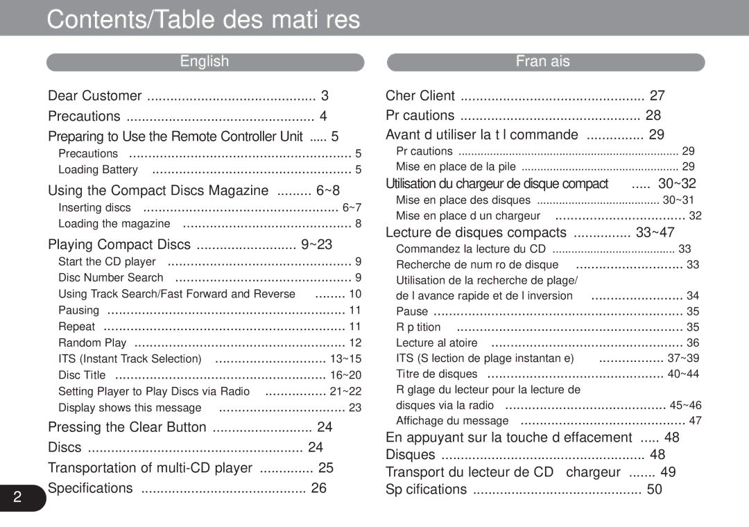 Pioneer CDX-FM1279 operation manual Contents/Table des matières 