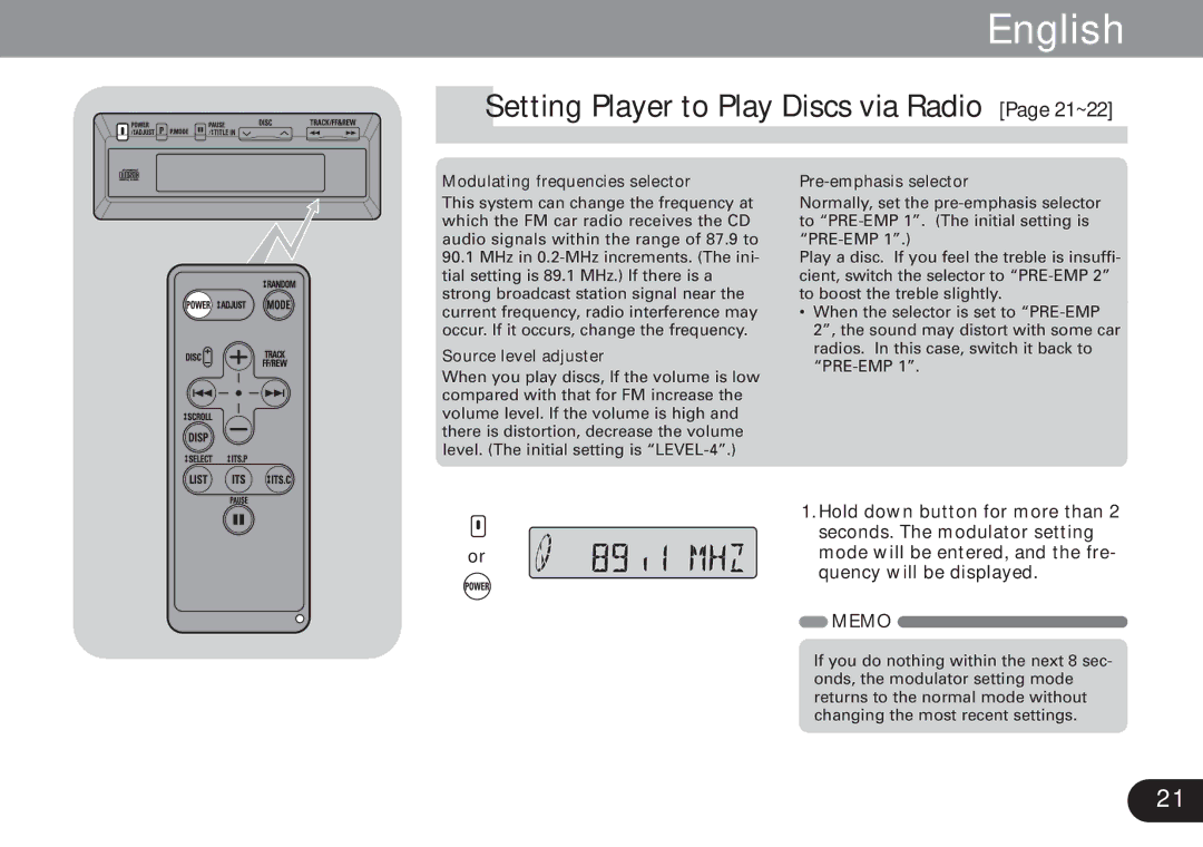 Pioneer CDX-FM1279 operation manual Setting Player to Play Discs via Radio Page 21~22, Hold down button for more than 