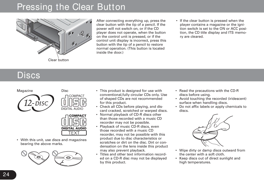 Pioneer CDX-FM1279 operation manual Pressing the Clear Button, Discs 