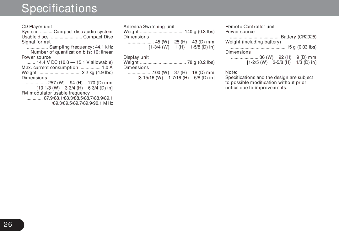 Pioneer CDX-FM1279 operation manual Specifications, Display unit 