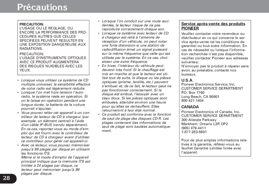 Pioneer CDX-FM1279 operation manual Précautions, Service après-vente des produits 