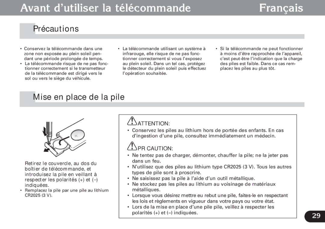 Pioneer CDX-FM1279 operation manual Avant d’utiliser la télécommande Français, Précautions, Mise en place de la pile 