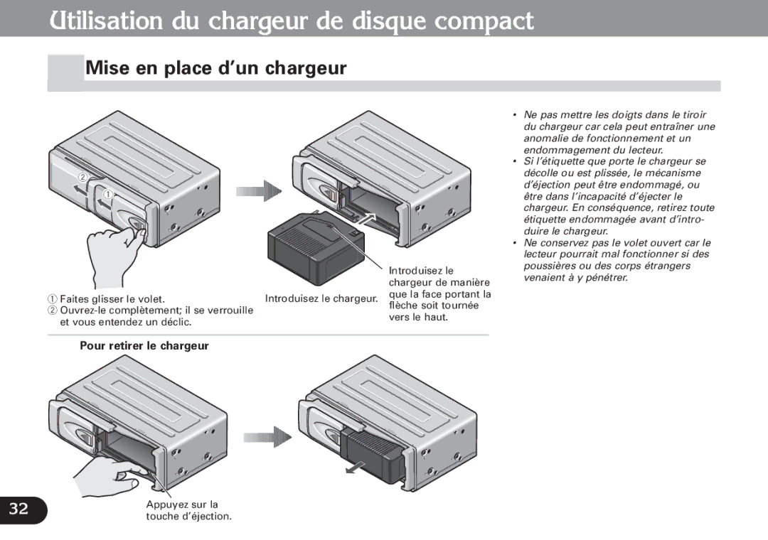 Pioneer CDX-FM1279 operation manual Mise en place d’un chargeur, Pour retirer le chargeur 