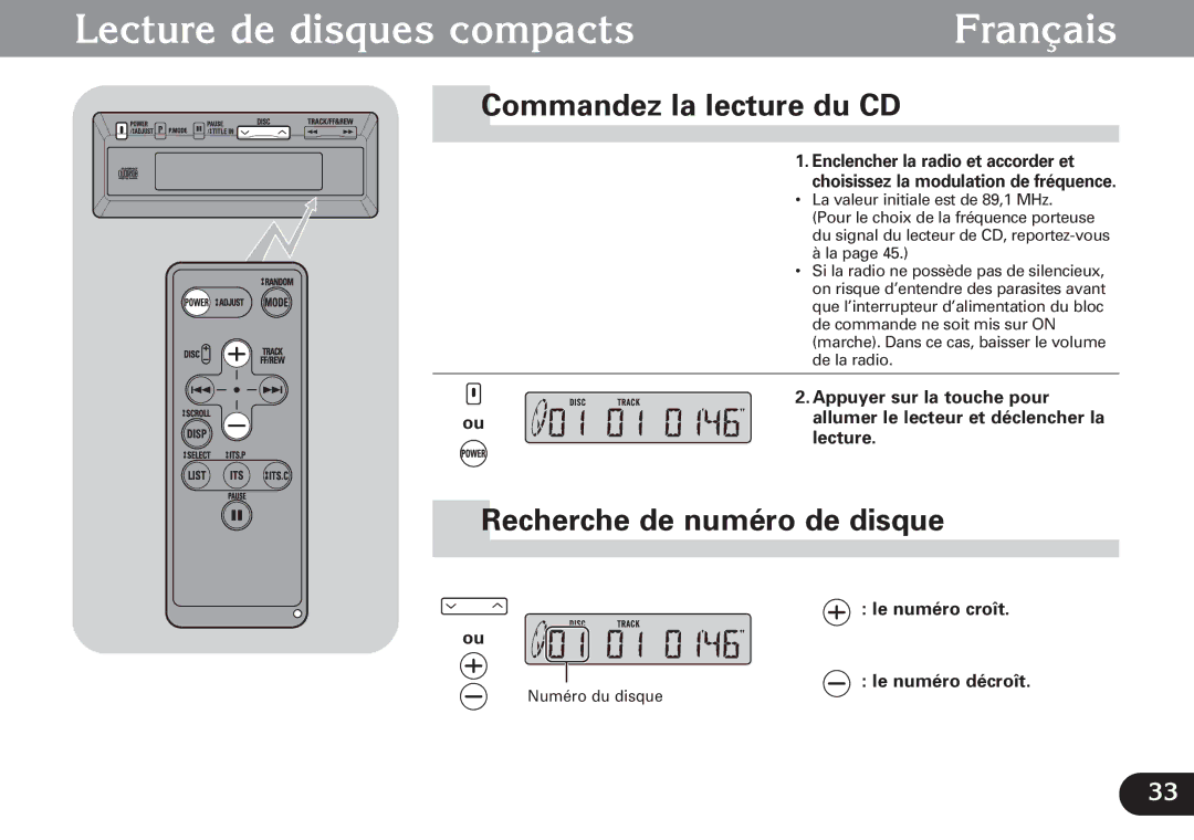 Pioneer CDX-FM1279 Lecture de disques compacts Français, Commandez la lecture du CD, Recherche de numéro de disque 