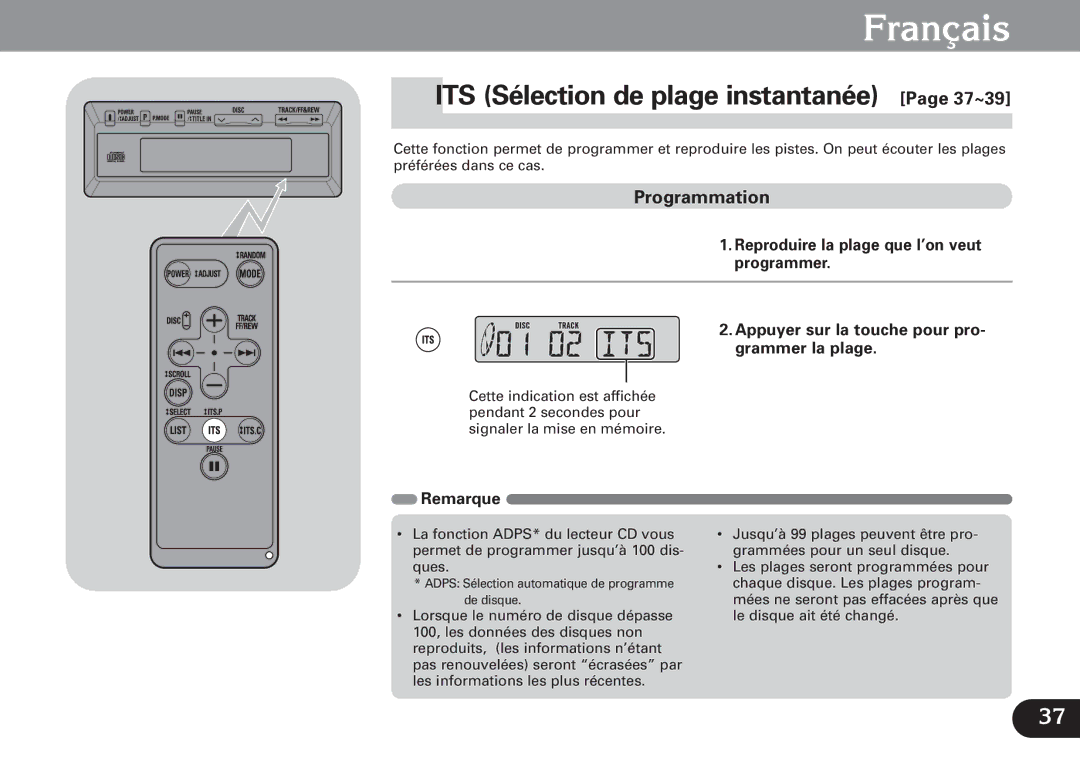 Pioneer CDX-FM1279 operation manual ITS Sélection de plage instantanée Page 37~39, Programmation 