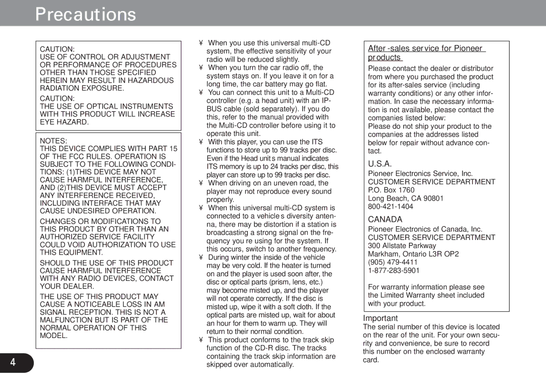 Pioneer CDX-FM1279 operation manual Precautions, After-sales service for Pioneer products 