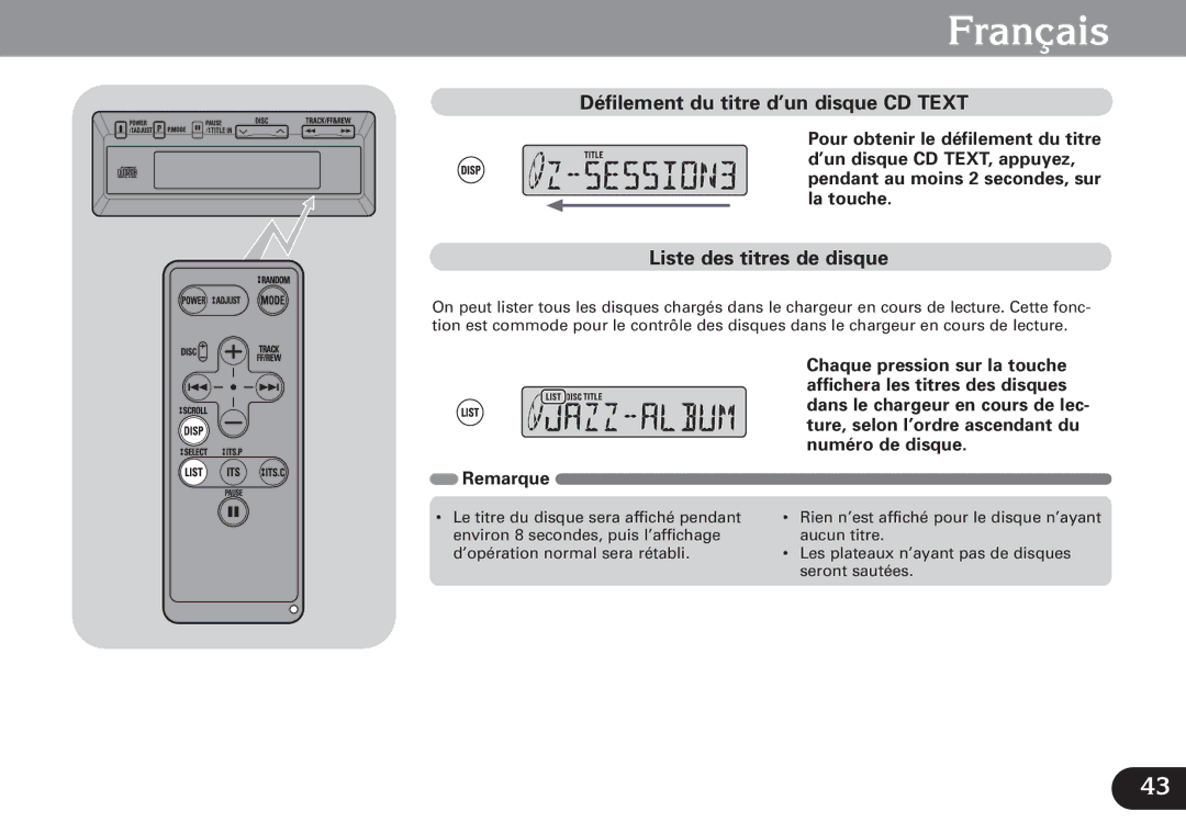 Pioneer CDX-FM1279 operation manual Défilement du titre d’un disque CD Text, Liste des titres de disque 