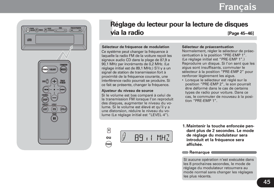 Pioneer CDX-FM1279 Réglage du lecteur pour la lecture de disques via la radio, Sélecteur de fréquence de modulation 