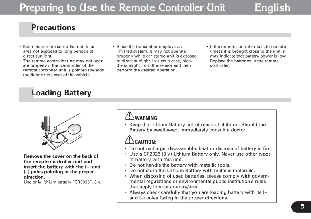 Pioneer CDX-FM1279 operation manual Preparing to Use the Remote Controller Unit English, Precautions, Loading Battery 