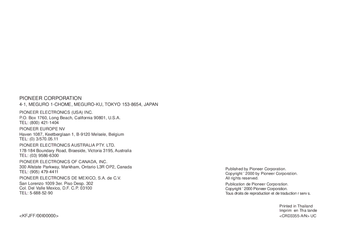 Pioneer CDX-FM1279 operation manual Pioneer Corporation 