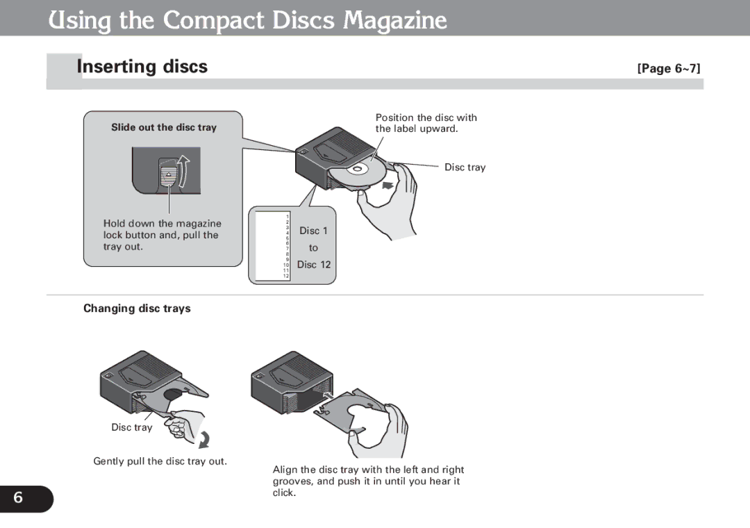 Pioneer CDX-FM1279 Using the Compact Discs Magazine, Inserting discs, 6~7, Changing disc trays, Slide out the disc tray 