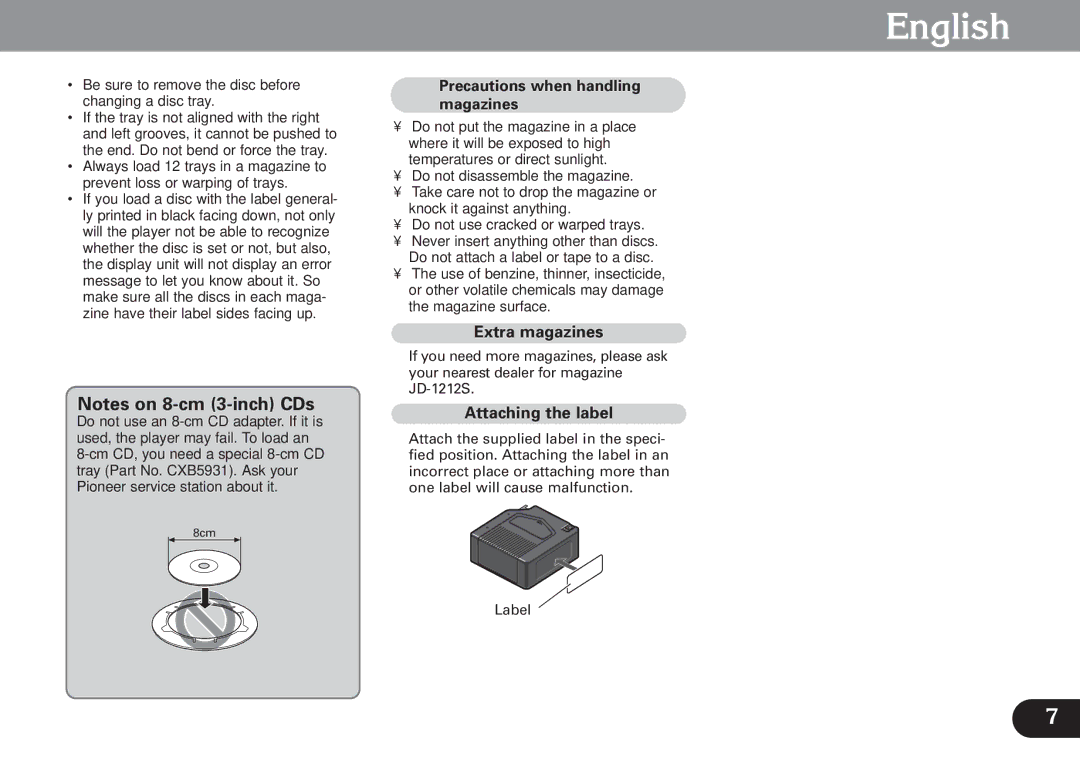 Pioneer CDX-FM1279 operation manual Extra magazines, Attaching the label, Precautions when handling magazines 