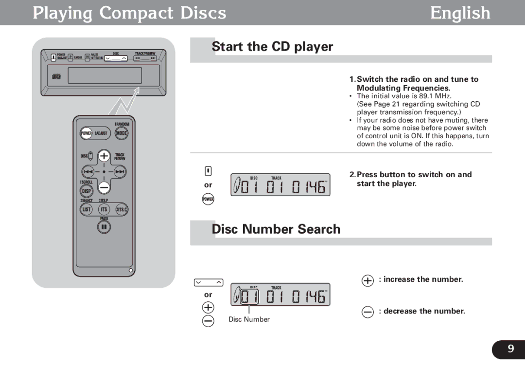 Pioneer CDX-FM1279 operation manual Playing Compact Discs English, Start the CD player, Disc Number Search 