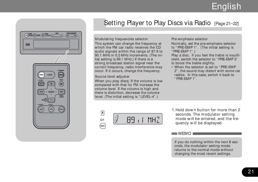 Pioneer CDX-FM687, CDX-FM1287 Setting Player to Play Discs via Radio Page 21~22, Hold down button for more than 