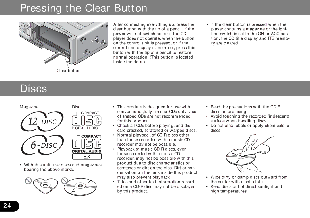 Pioneer CDX-FM1287, CDX-FM687 operation manual Pressing the Clear Button, Discs 