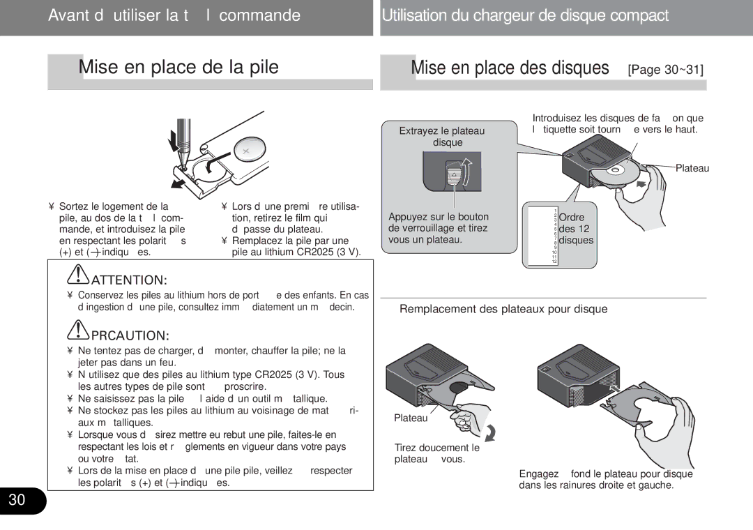 Pioneer CDX-FM1287, CDX-FM687 Mise en place de la pile, Remplacement des plateaux pour disque, + et indiquées 