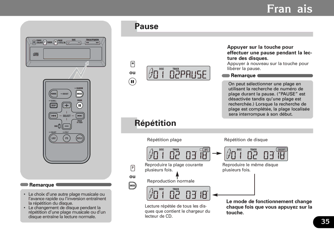 Pioneer CDX-FM687, CDX-FM1287 operation manual Pause, Répétition 