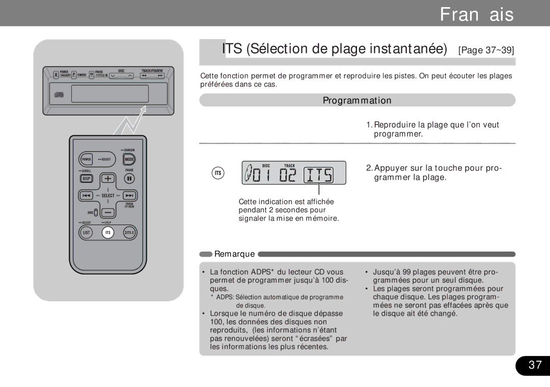 Pioneer CDX-FM687, CDX-FM1287 operation manual ITS Sélection de plage instantanée Page 37~39, Programmation 