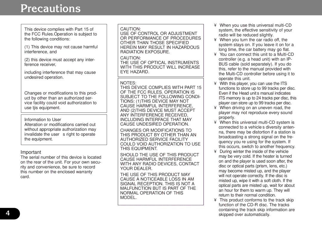 Pioneer CDX-FM1287, CDX-FM687 operation manual Precautions 