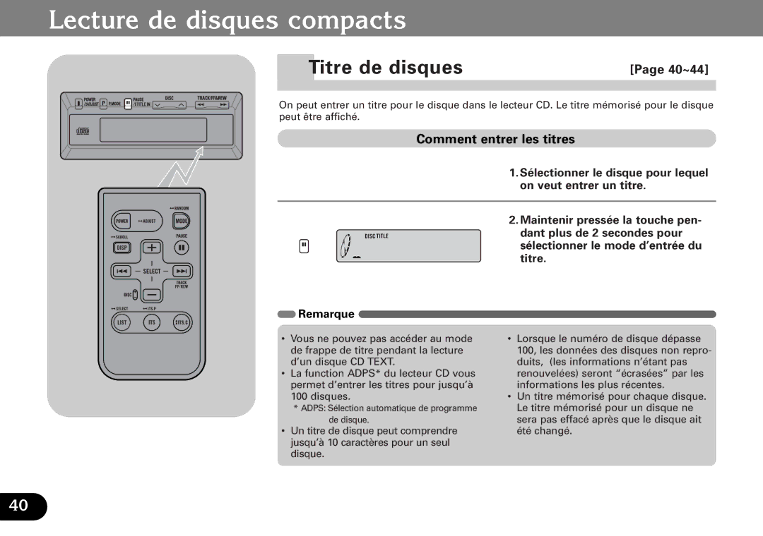 Pioneer CDX-FM1287, CDX-FM687 operation manual Titre de disques, 40~44, Comment entrer les titres 