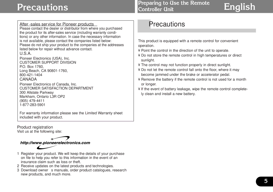 Pioneer CDX-FM687, CDX-FM1287 operation manual Precautions, After-sales service for Pioneer products, Product registration 