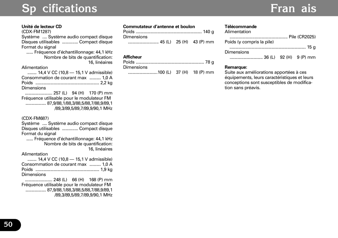 Pioneer CDX-FM1287, CDX-FM687 operation manual Spécifications Français, Afficheur, Remarque 