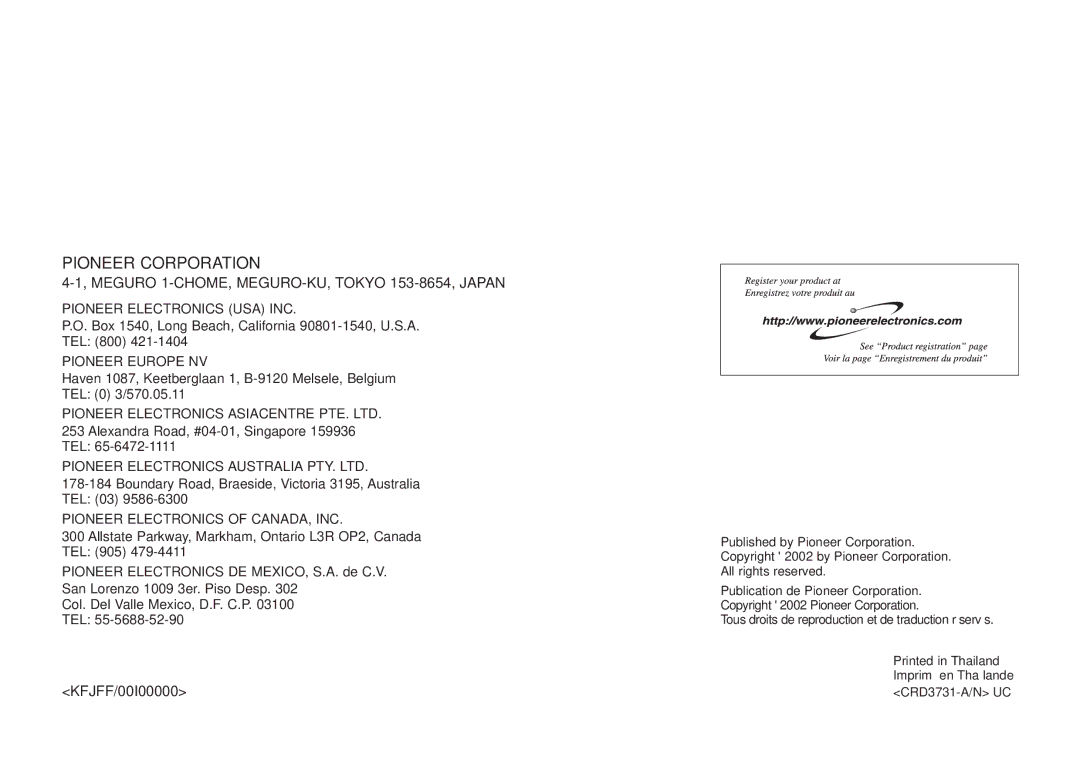 Pioneer CDX-FM1287, CDX-FM687 operation manual Pioneer Corporation 