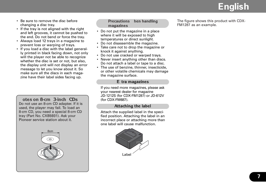 Pioneer CDX-FM687, CDX-FM1287 operation manual Extra magazines, Attaching the label, Precautions when handling magazines 